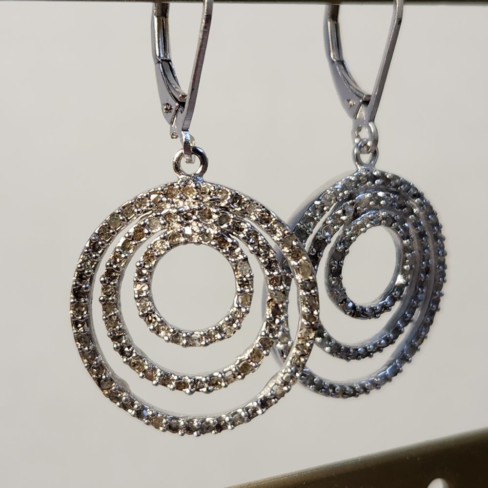 VTG 925 Genuine Diamond Chip Concentric Circle Drop Leverback Earrings